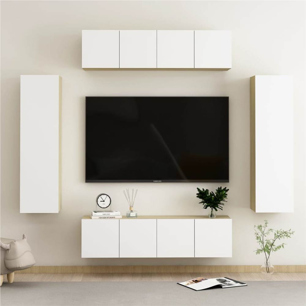 

6 Piece TV Cabinet Set White and Sonoma Oak Chipboard