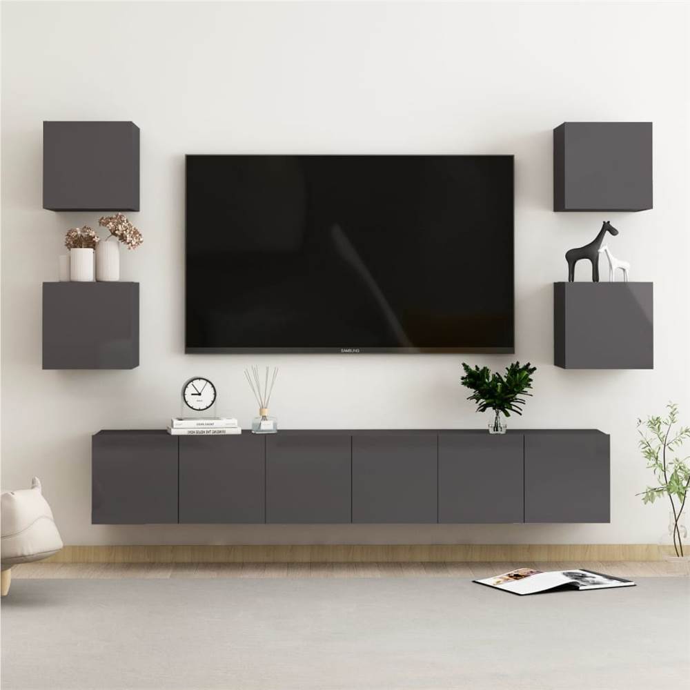 

7 Piece TV Cabinet Set High Gloss Grey Chipboard