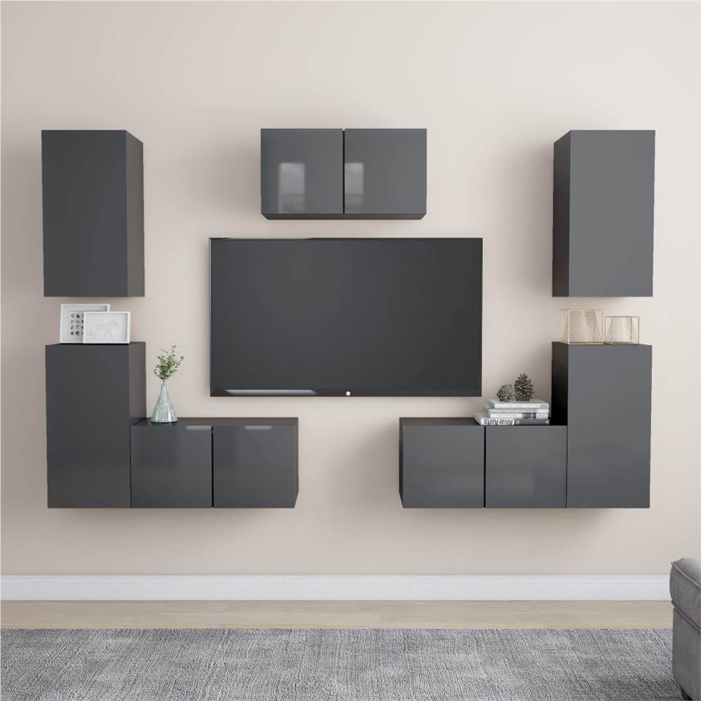 

7 Piece TV Cabinet Set High Gloss Grey Chipboard