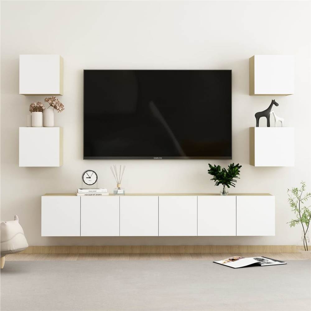 

7 Piece TV Cabinet Set White and Sonoma Oak Chipboard