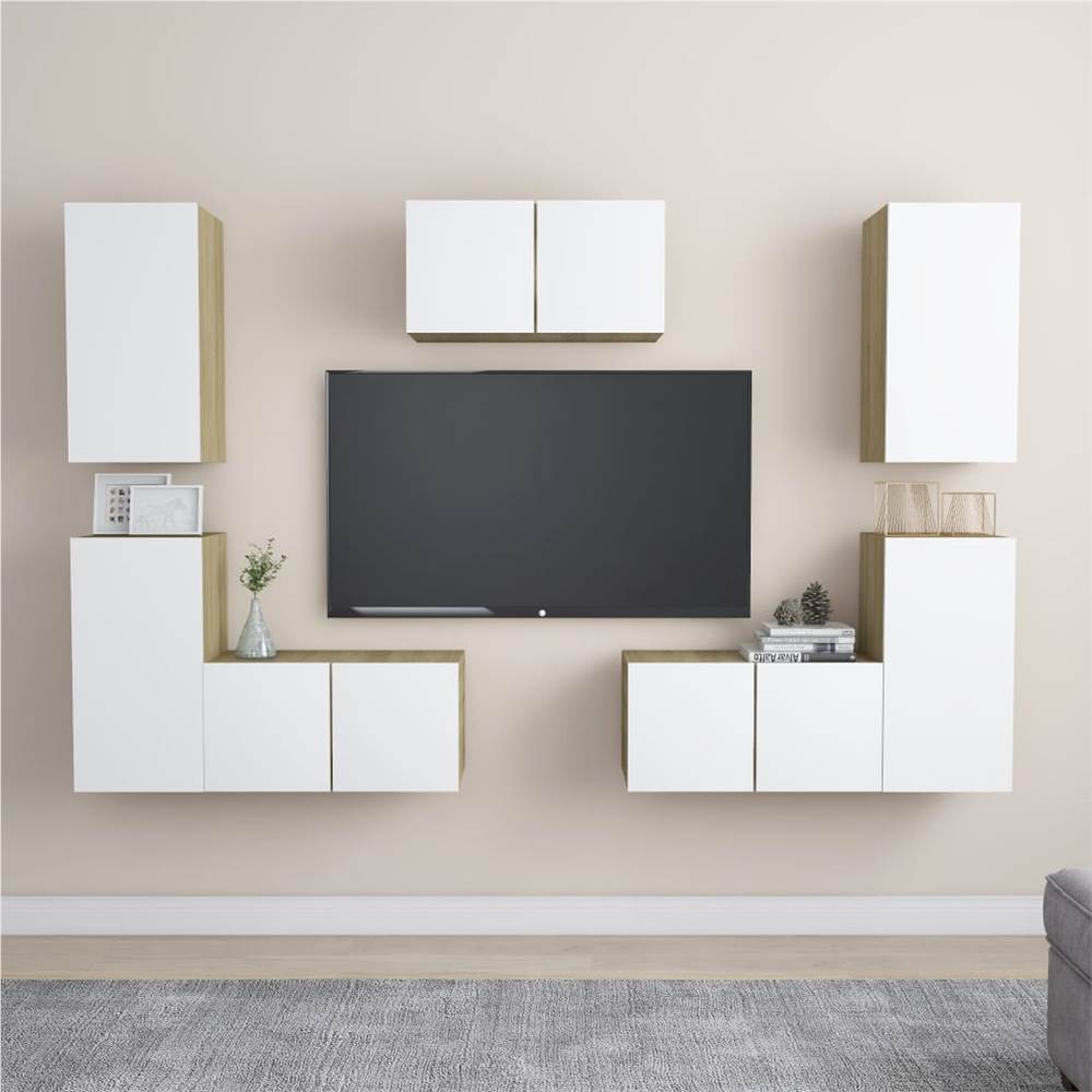 

7 Piece TV Cabinet Set White and Sonoma Oak Chipboard