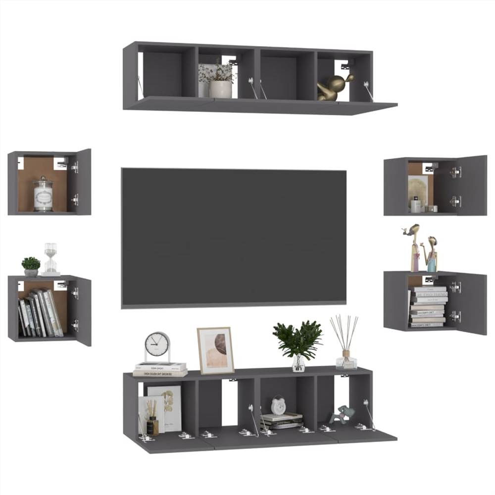 8 Piece TV Cabinet Set Grey Chipboard