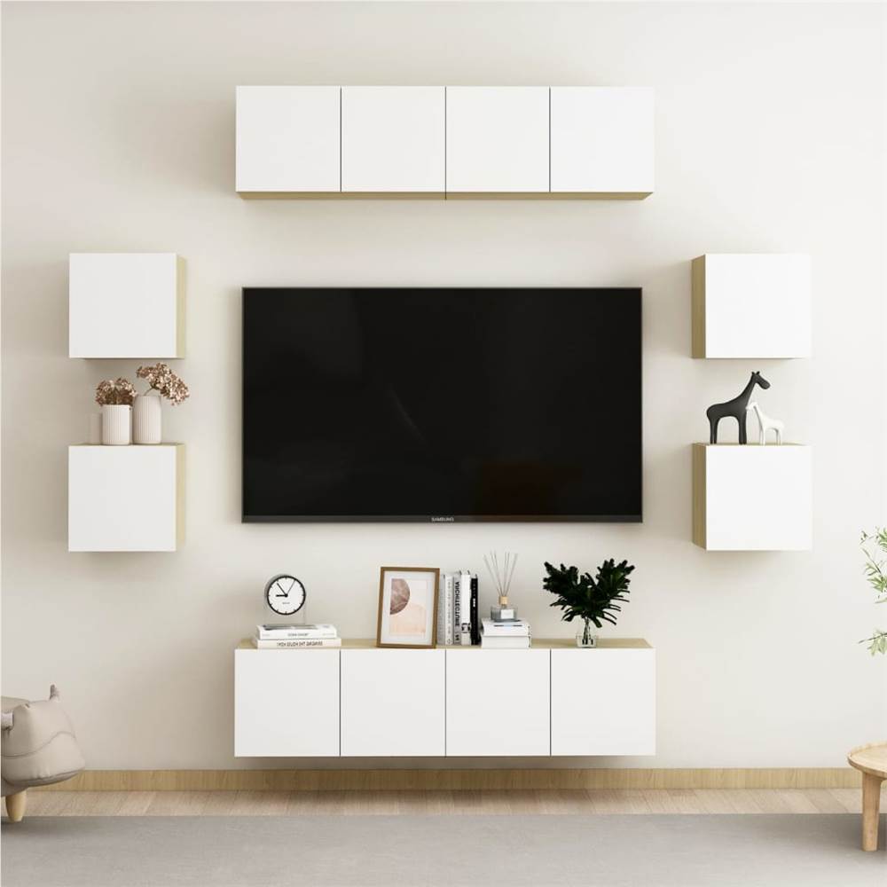 

8 Piece TV Cabinet Set White and Sonoma Oak Chipboard