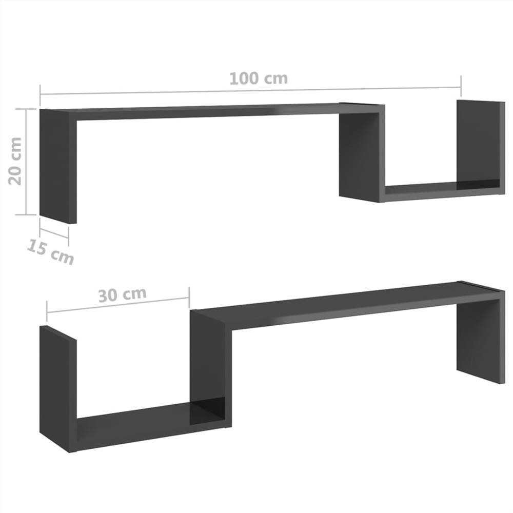 Wall Shelves 2 pcs High Gloss Grey 100x15x20 cm Chipboard