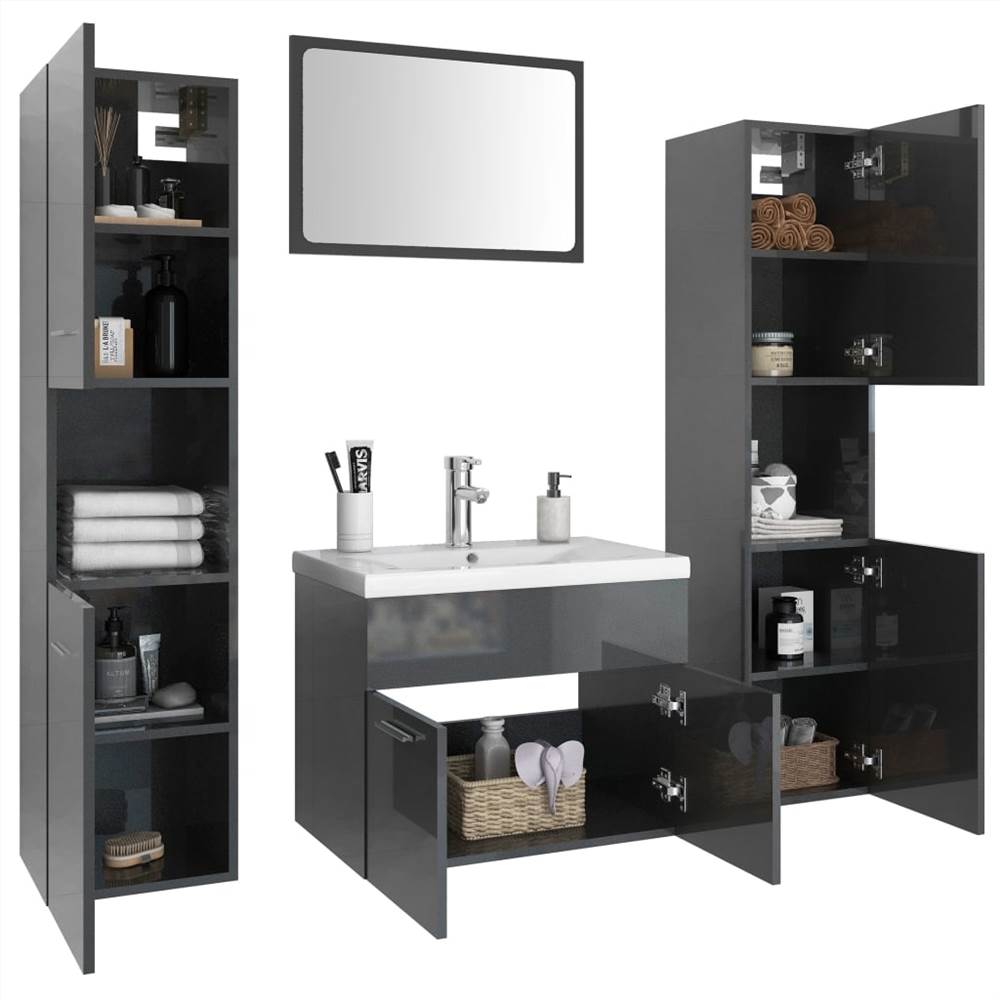 Bathroom Furniture Set High Gloss Grey Chipboard