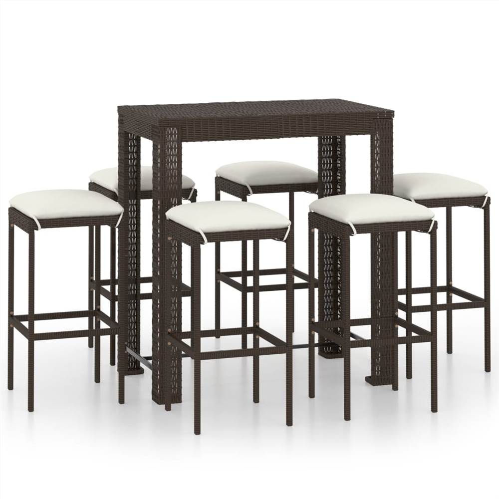 

7 Piece Garden Bar Set with Cushions Poly Rattan Brown