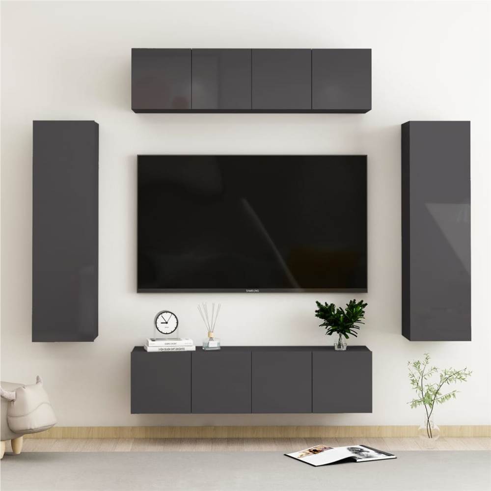 

6 Piece TV Cabinet Set High Gloss Grey Chipboard