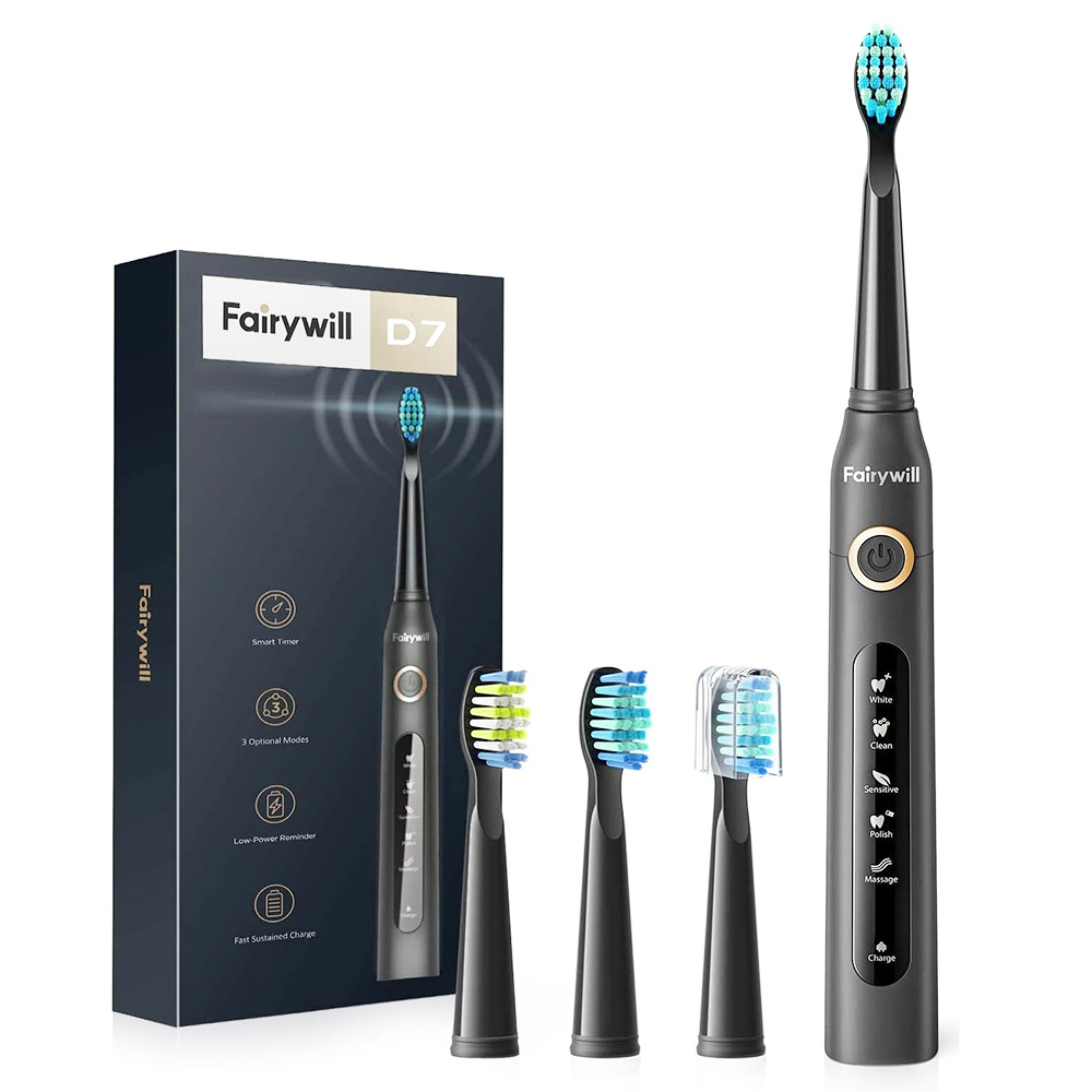 

Fairywill D7 Electric Sonic Toothbrush with 4 Brush Heads Rechargeable Teeth Cleaner - Black