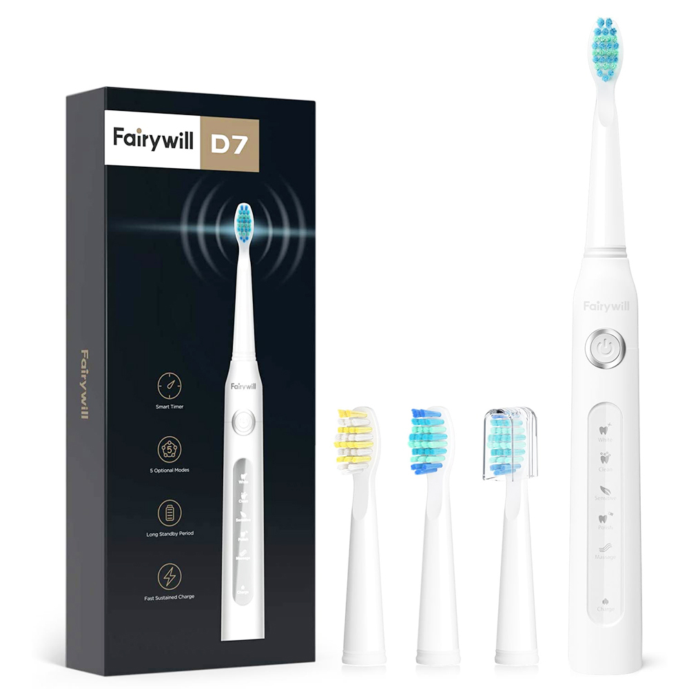 

Fairywill D7 Electric Sonic Toothbrush with 4 Brush Heads Rechargeable Teeth Cleaner - White