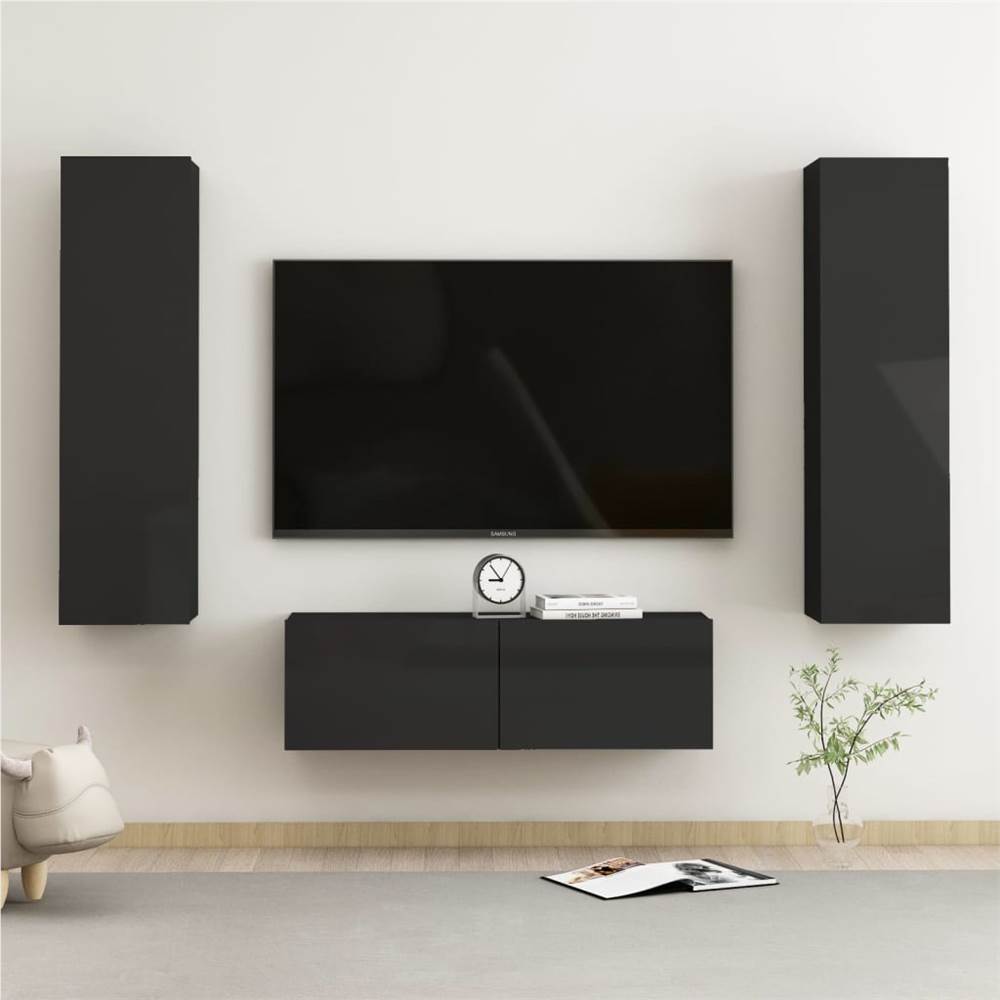 

3 Piece TV Cabinet Set High Gloss Black Chipboard
