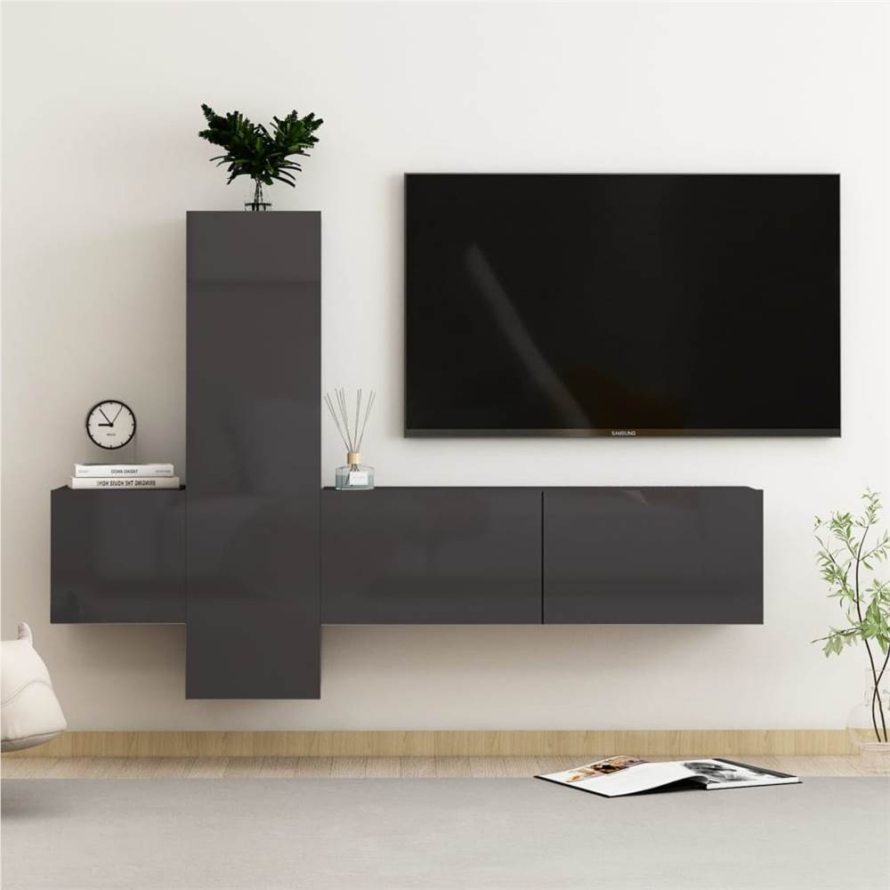 

3 Piece TV Cabinet Set High Gloss Grey Chipboard
