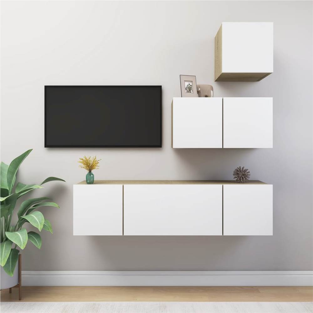 

4 Piece TV Cabinet Set White and Sonoma Oak Chipboard