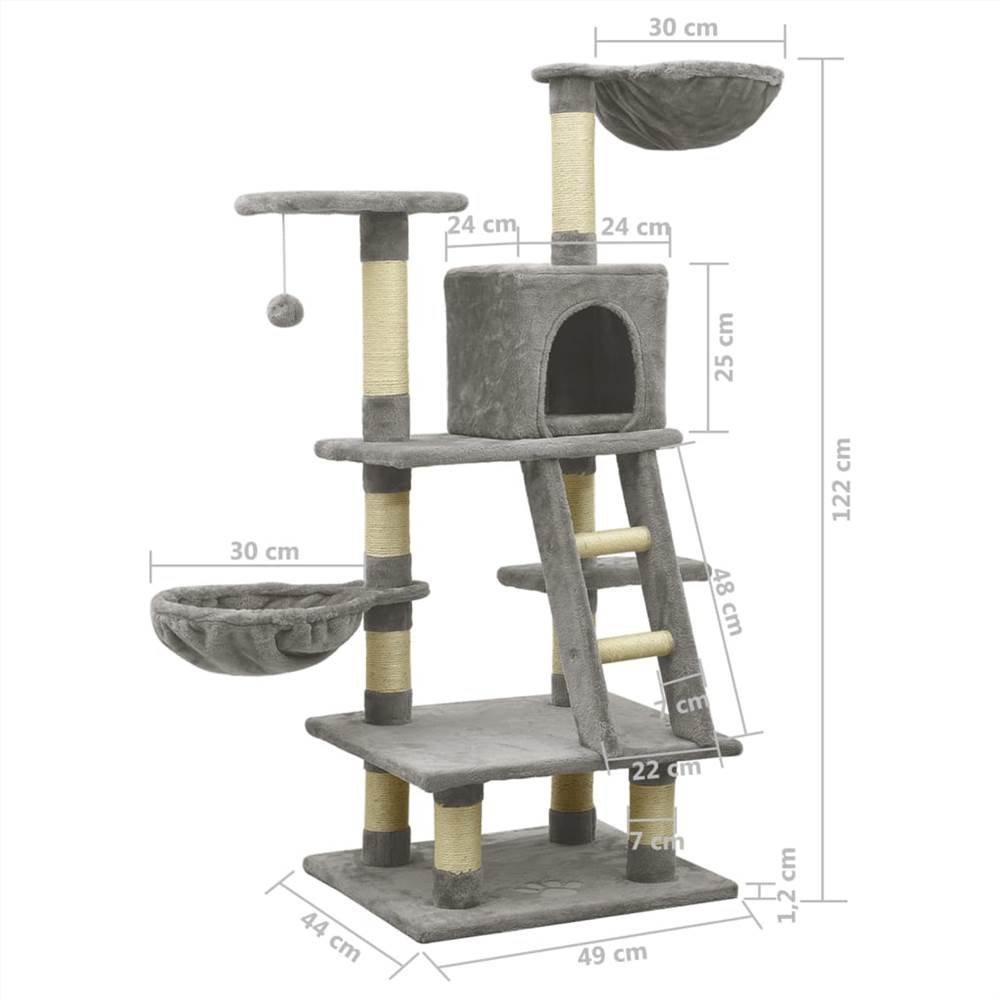 Cat Tree with Sisal Scratching Posts Grey 122 cm