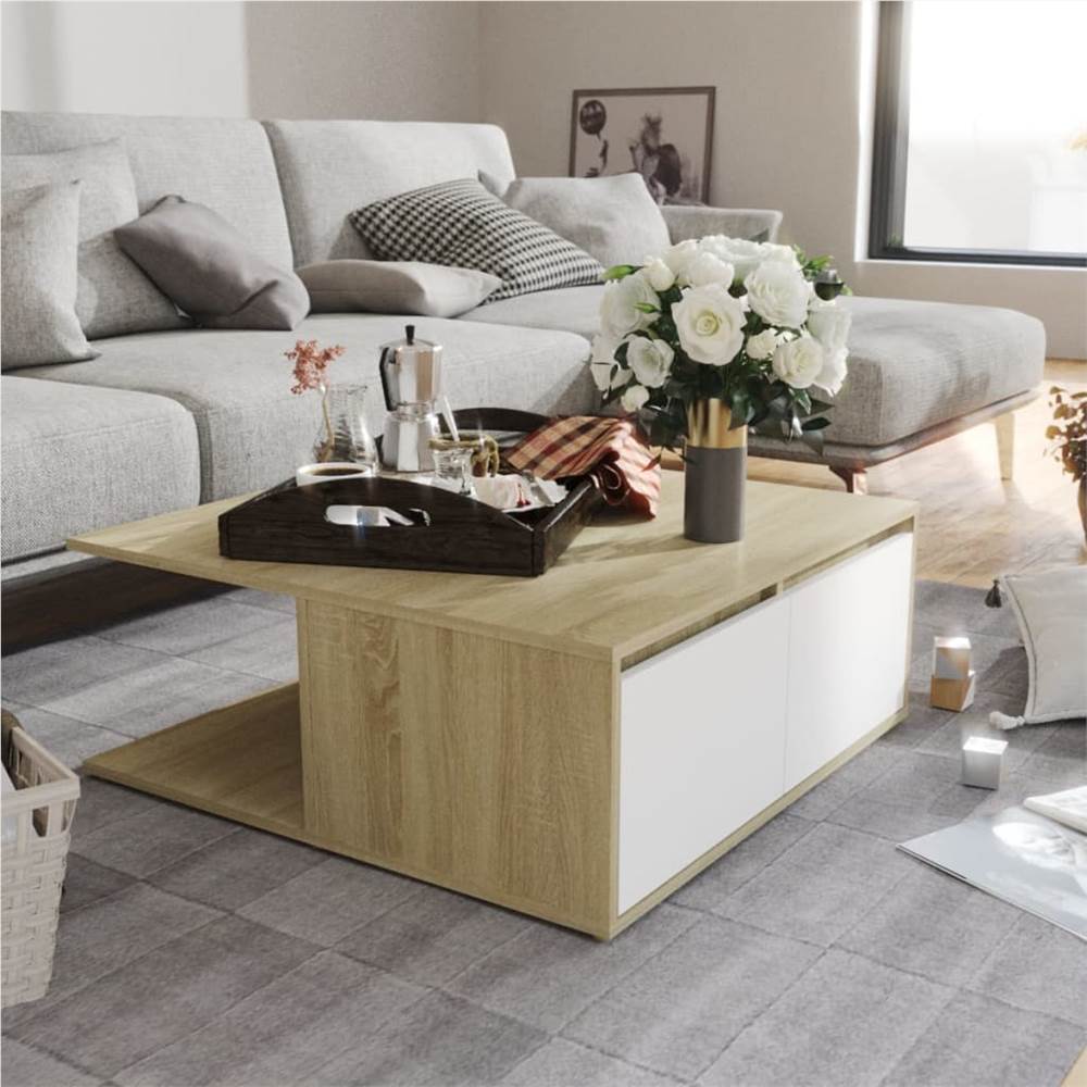 

Coffee Table White and Sonoma Oak 80x80x31 cm Chipboard