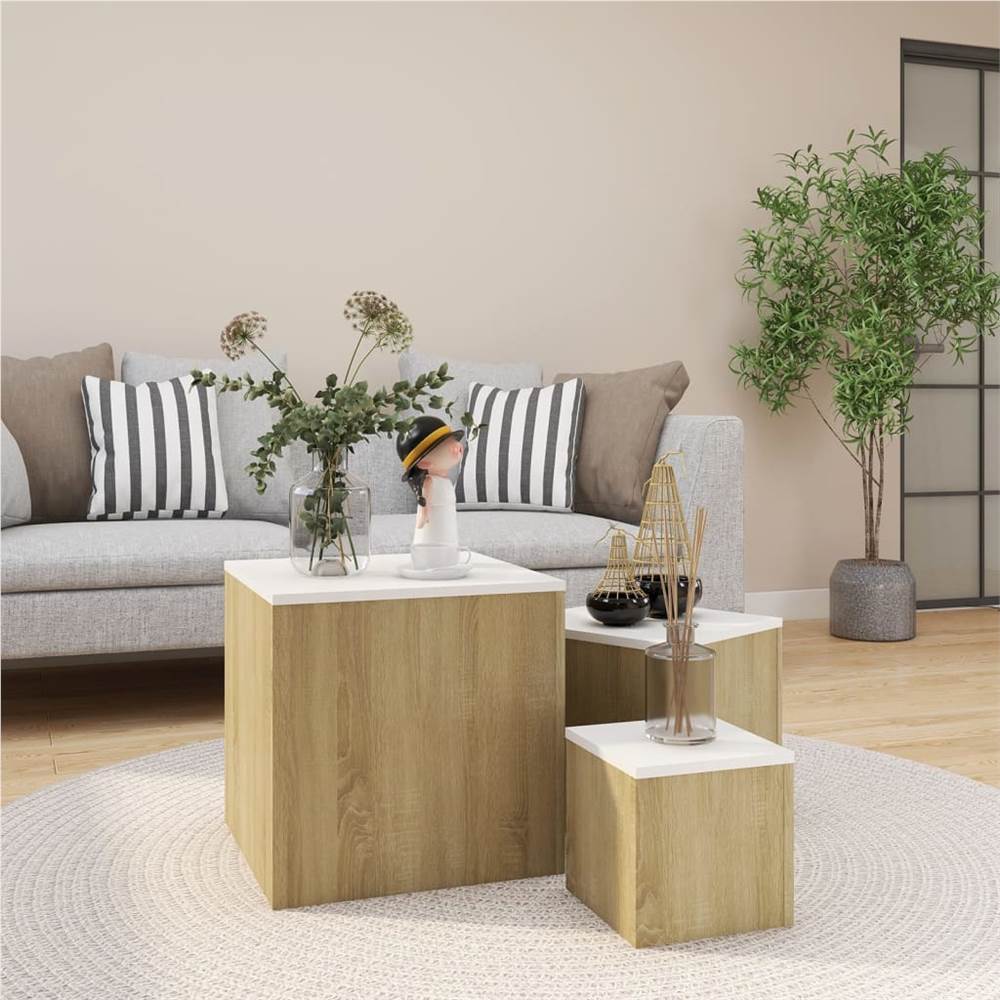 

Side Tables 3 pcs White and Sonoma Oak Chipboard