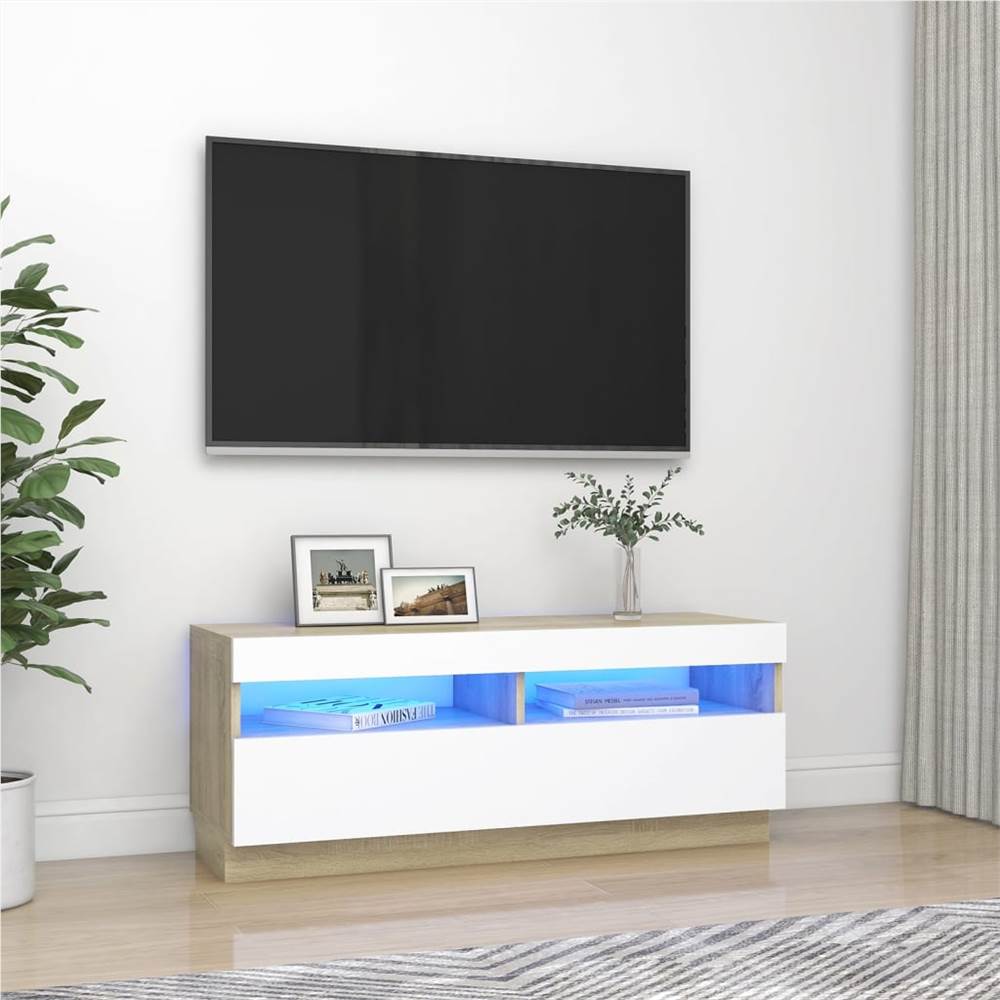 TV Cabinet with LED Lights White and Sonoma Oak 100x35x40 cm