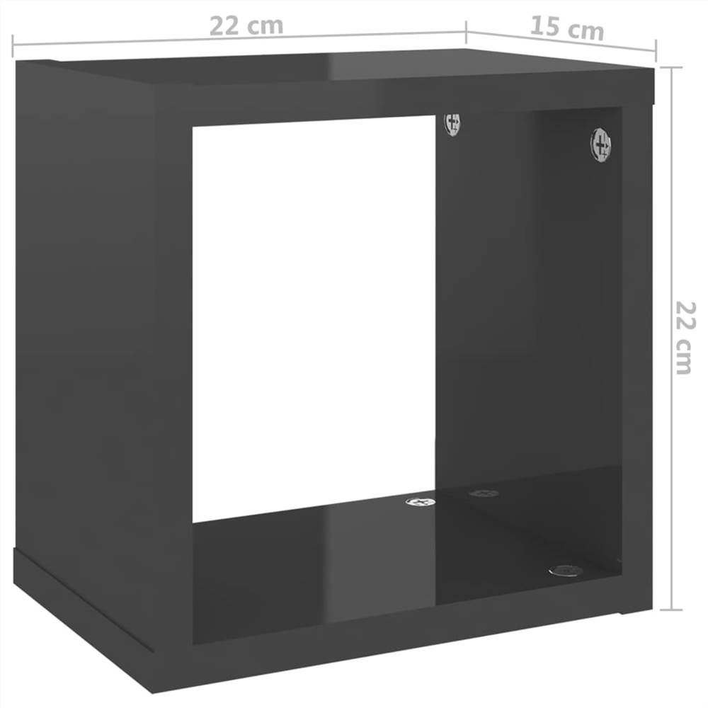 Wall Cube Shelves 2 pcs High Gloss Grey 22x15x22 cm
