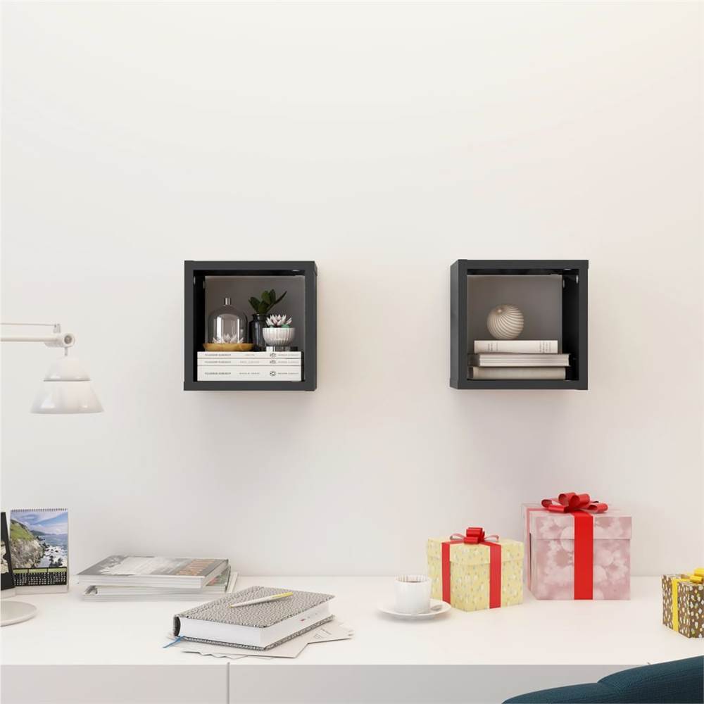 Wall Cube Shelves 2 pcs High Gloss Grey 22x15x22 cm