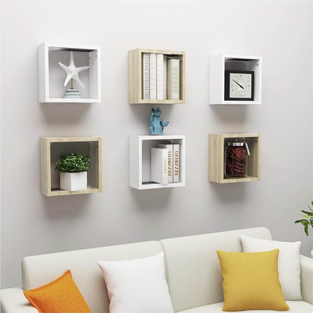 

Wall Cube Shelves 6 pcs White and Sonoma Oak 30x15x30 cm