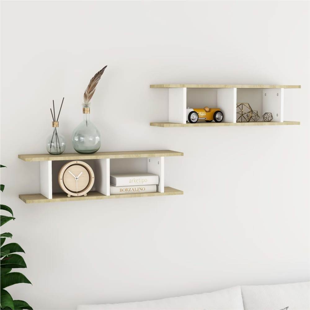 

Wall Shelves 2 pcs White and Sonoma Oak 78x18x20 cm Chipboard