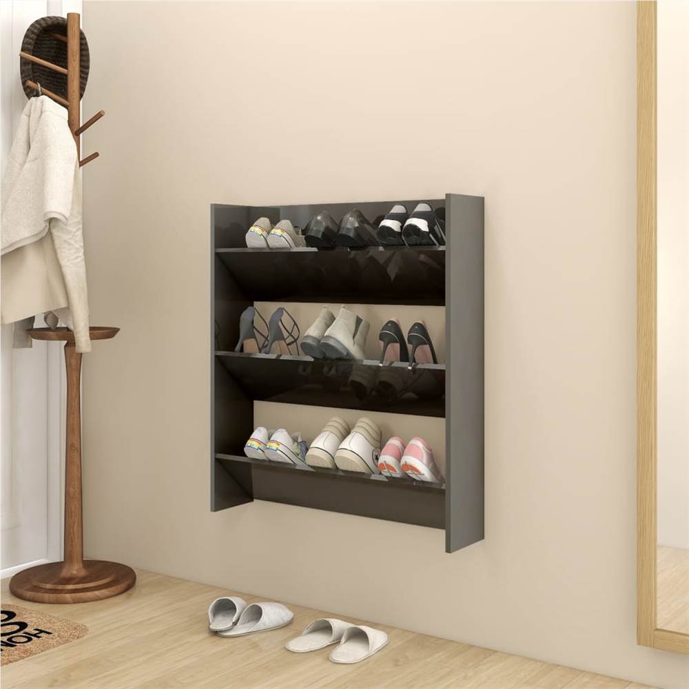 Wall Shoe Cabinet High Gloss Grey 80x18x90 cm Chipboard