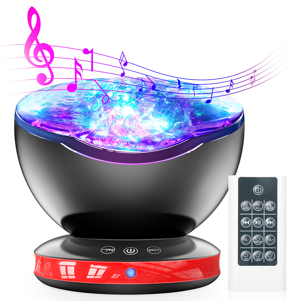 

LED Night Light Projector Lamp with Remote Control Ocean Wave 8 Color Modes 6 Music Sounds - Black + Red