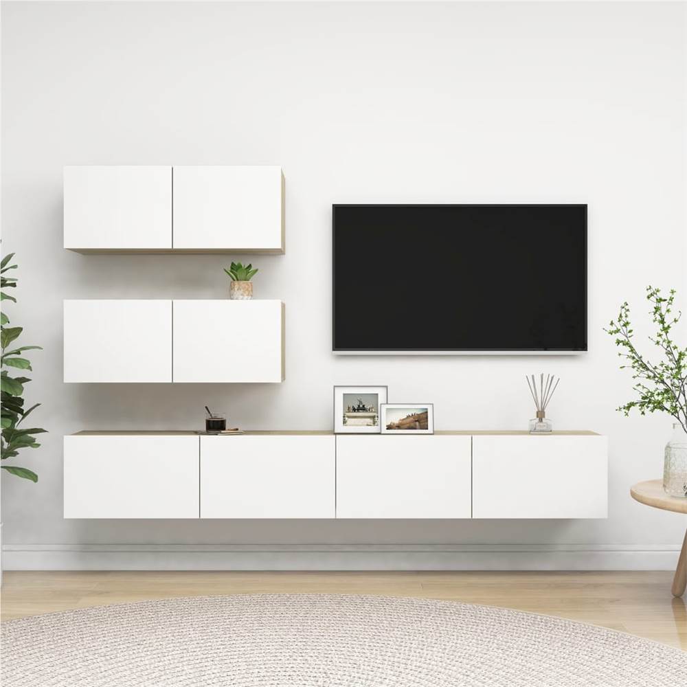 

4 Piece TV Cabinet Set White and Sonoma Oak Chipboard