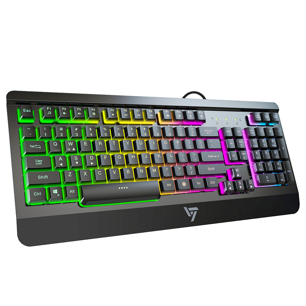 Victsing Wired Metal Mechanical Gaming Keyboard 105 Keys LED Rainbow Back Light with Ergonomic Wrist Rest - Black