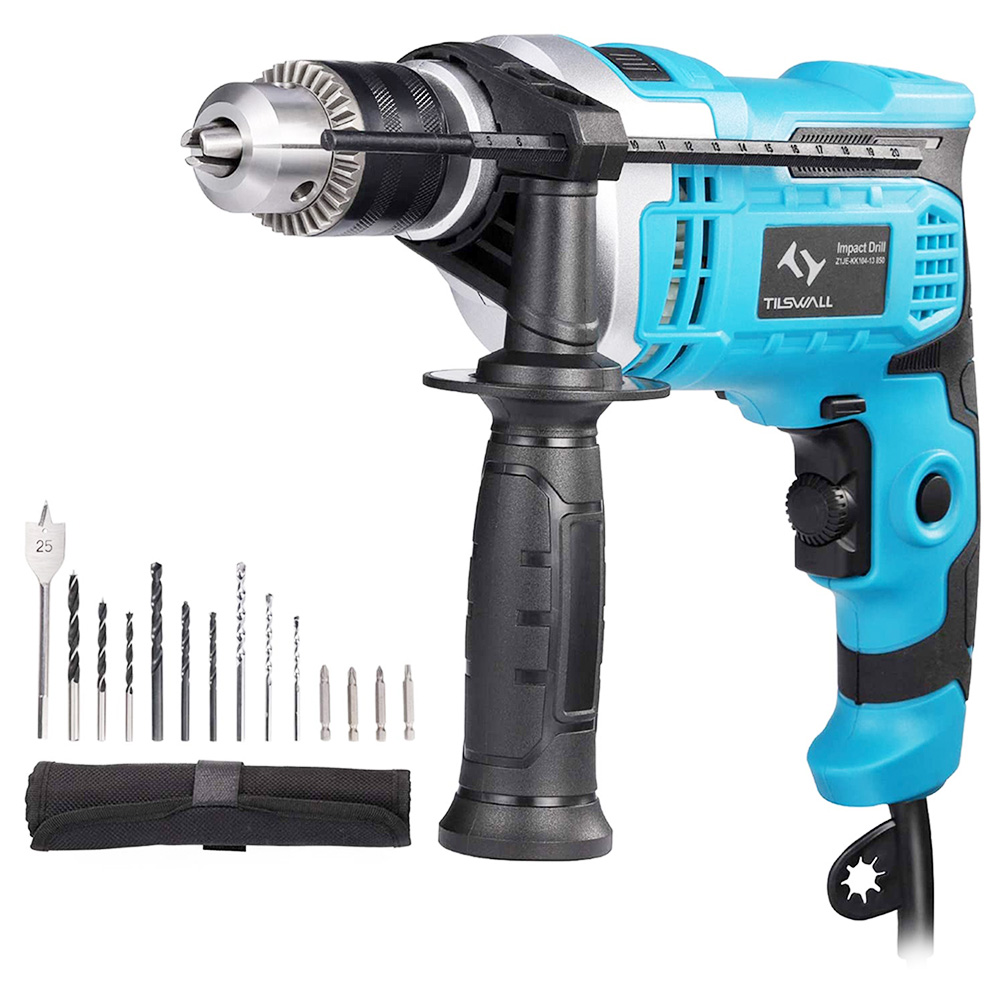 Tilswall 850W Impact Drill 3000RPM Hand Electric Cored Percussion Drill with Drill Bits Set
