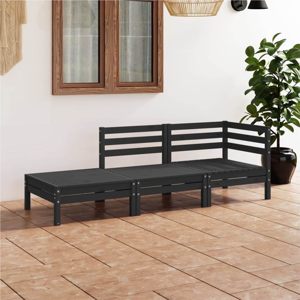 

3 Piece Garden Lounge Set Black Solid Pinewood