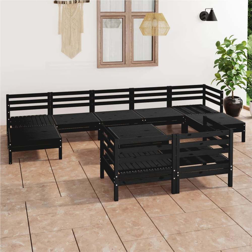 

10 Piece Garden Lounge Set Black Solid Pinewood