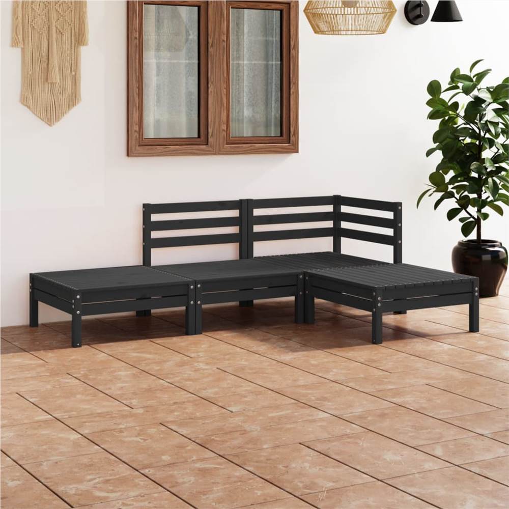 

4 Piece Garden Lounge Set Black Solid Pinewood