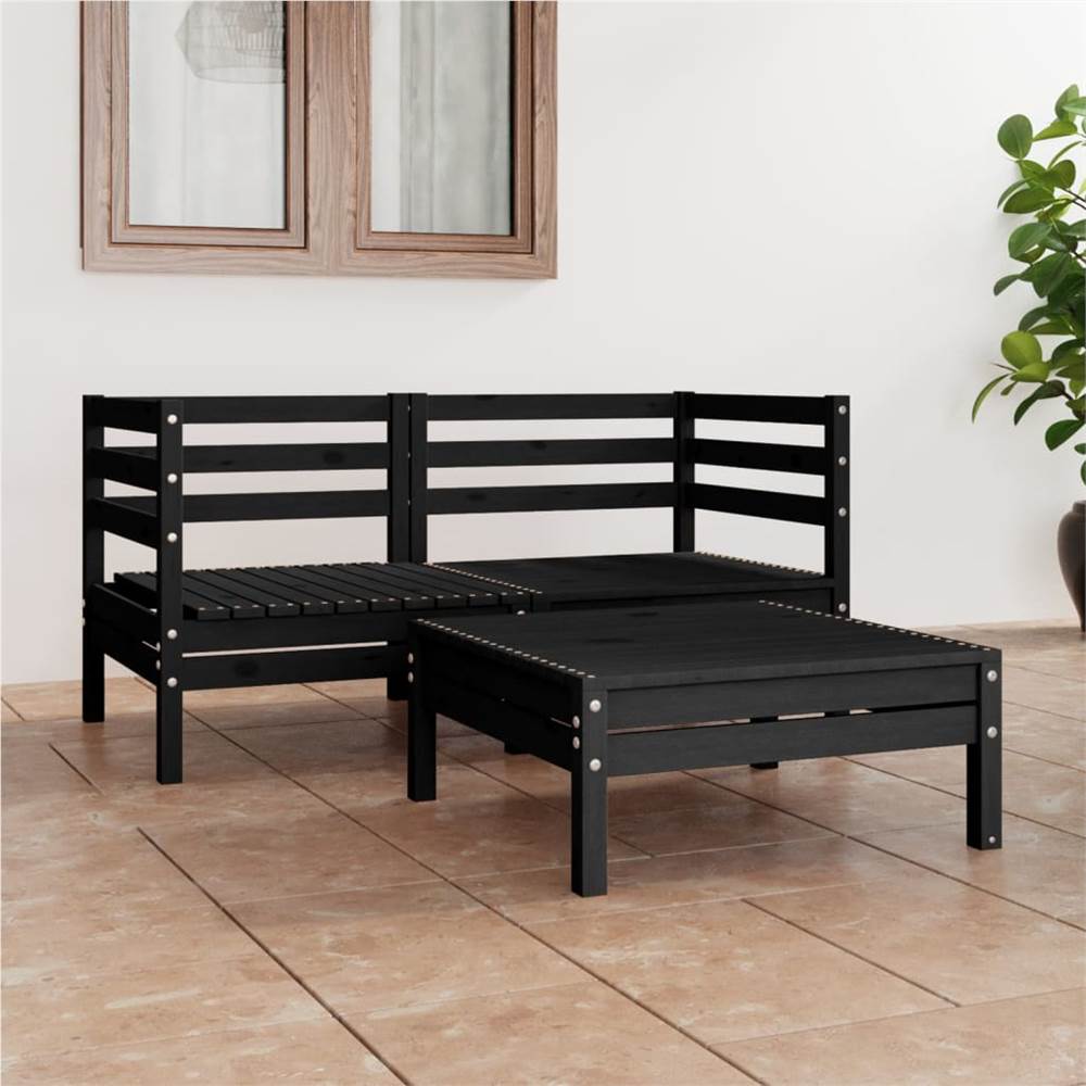 

3 Piece Garden Lounge Set Black Solid Pinewood