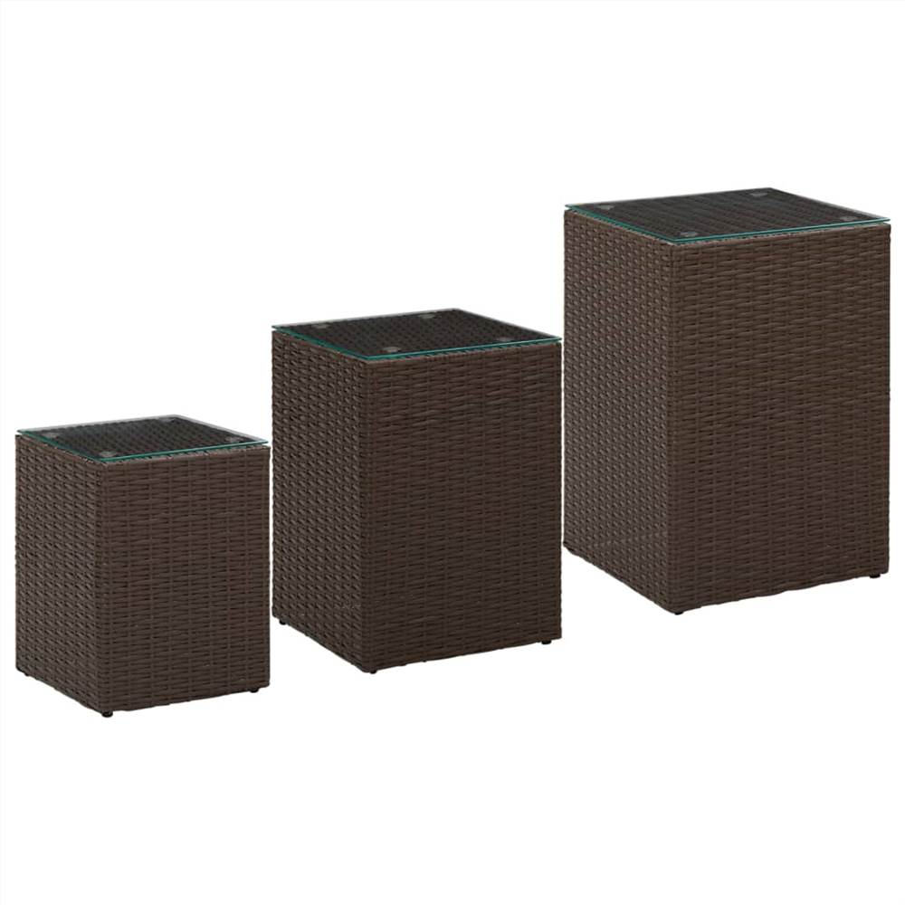

Side Tables 3 pcs with Glass Top Brown Poly Rattan