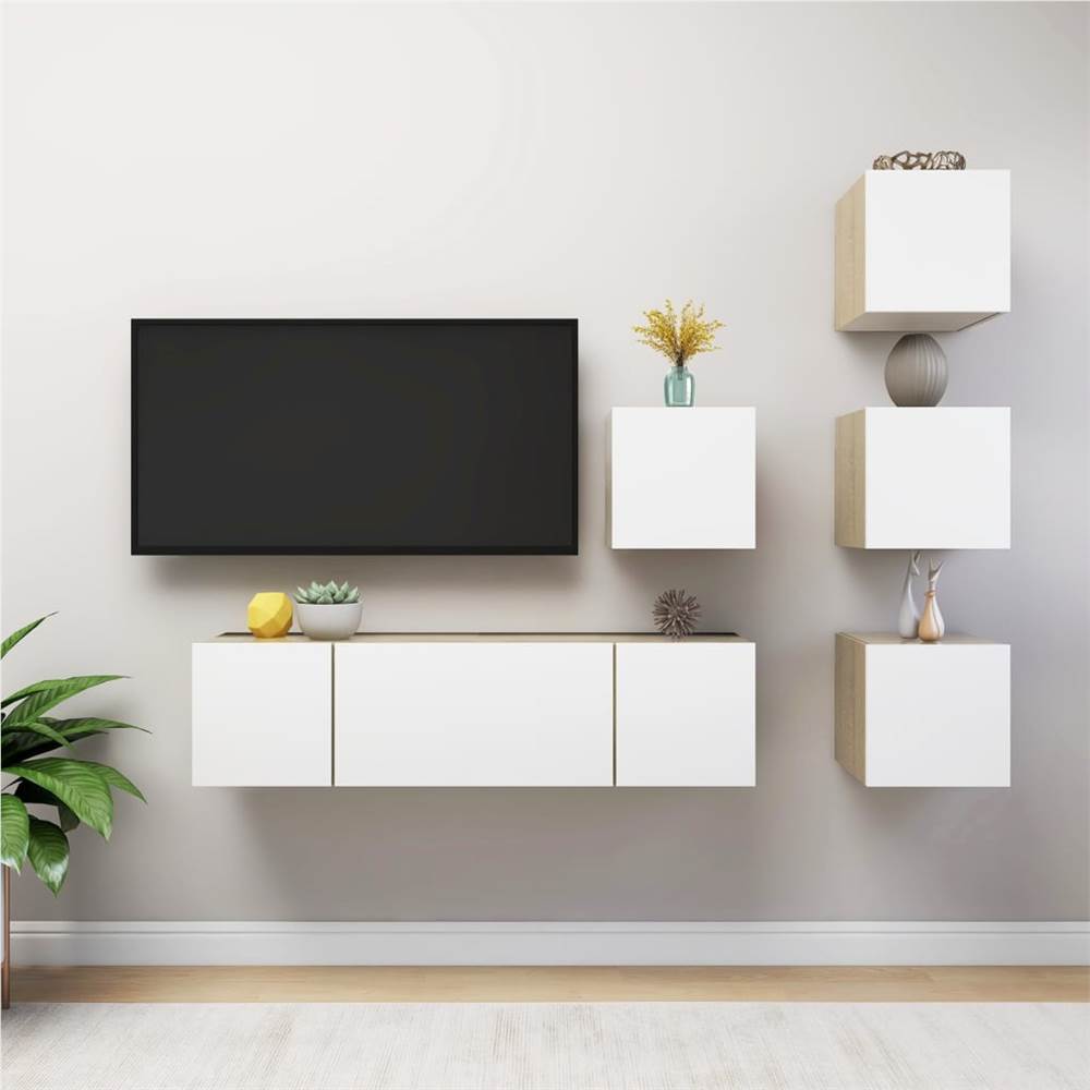 3079245  6 Piece TV Cabinet Set White and Sonoma Oak Chipboard (804498+804524)