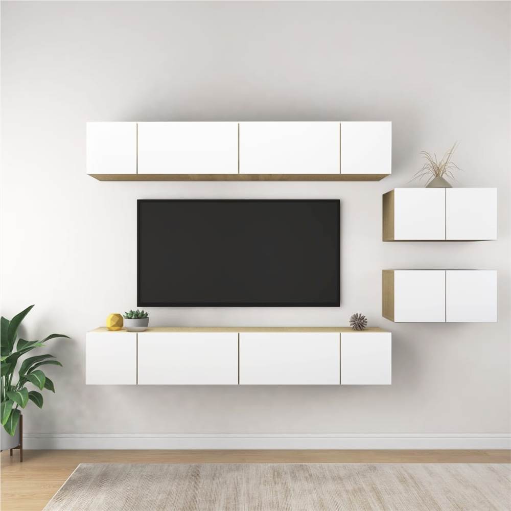3079252  TV Cabinets 8 pcs White and Sonoma Oak Chipboard (2x804525+804524)