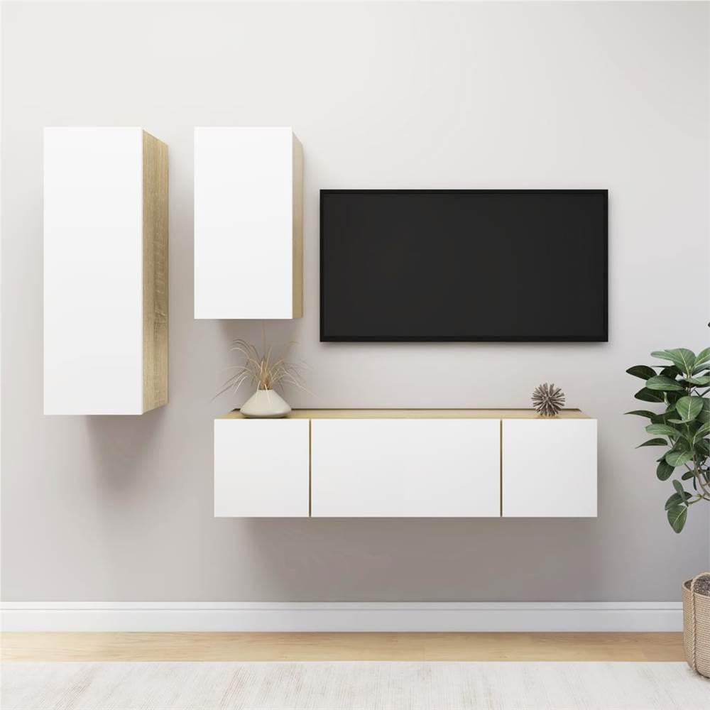 

3079256 4 Piece TV Cabinet Set White and Sonoma Oak Chipboard (803354+803336+804524)