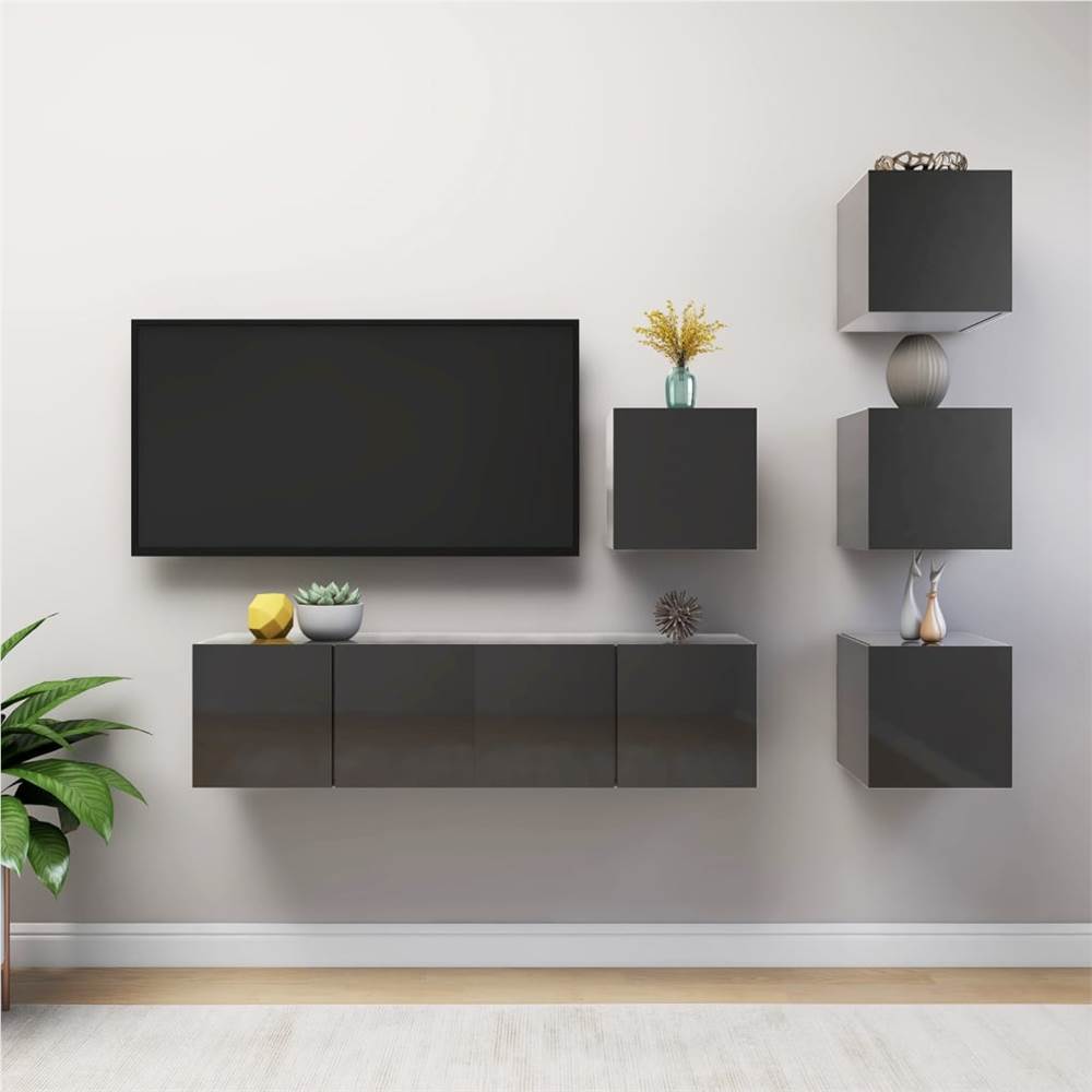 

3079560 6 Piece TV Cabinet Set High Gloss Grey Chipboard (804507+804533)
