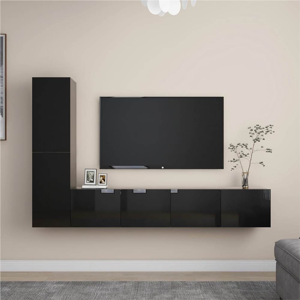 

4 Piece TV Cabinet Set High Gloss Black Chipboard