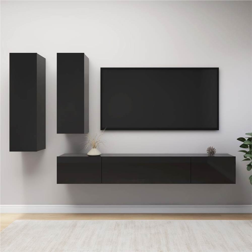 

4 Piece TV Cabinet Set High Gloss Black Chipboard