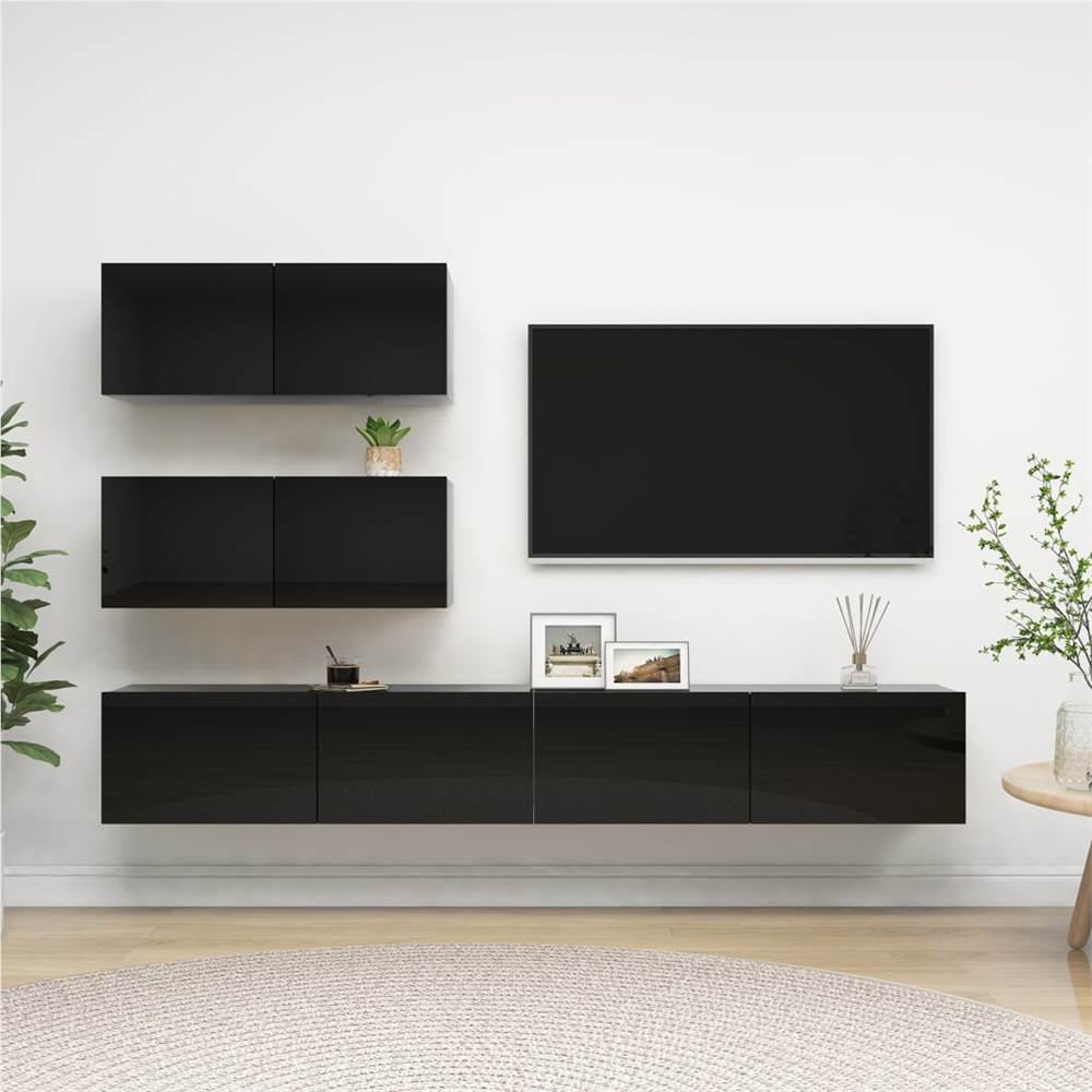 

4 Piece TV Cabinet Set High Gloss Black Chipboard