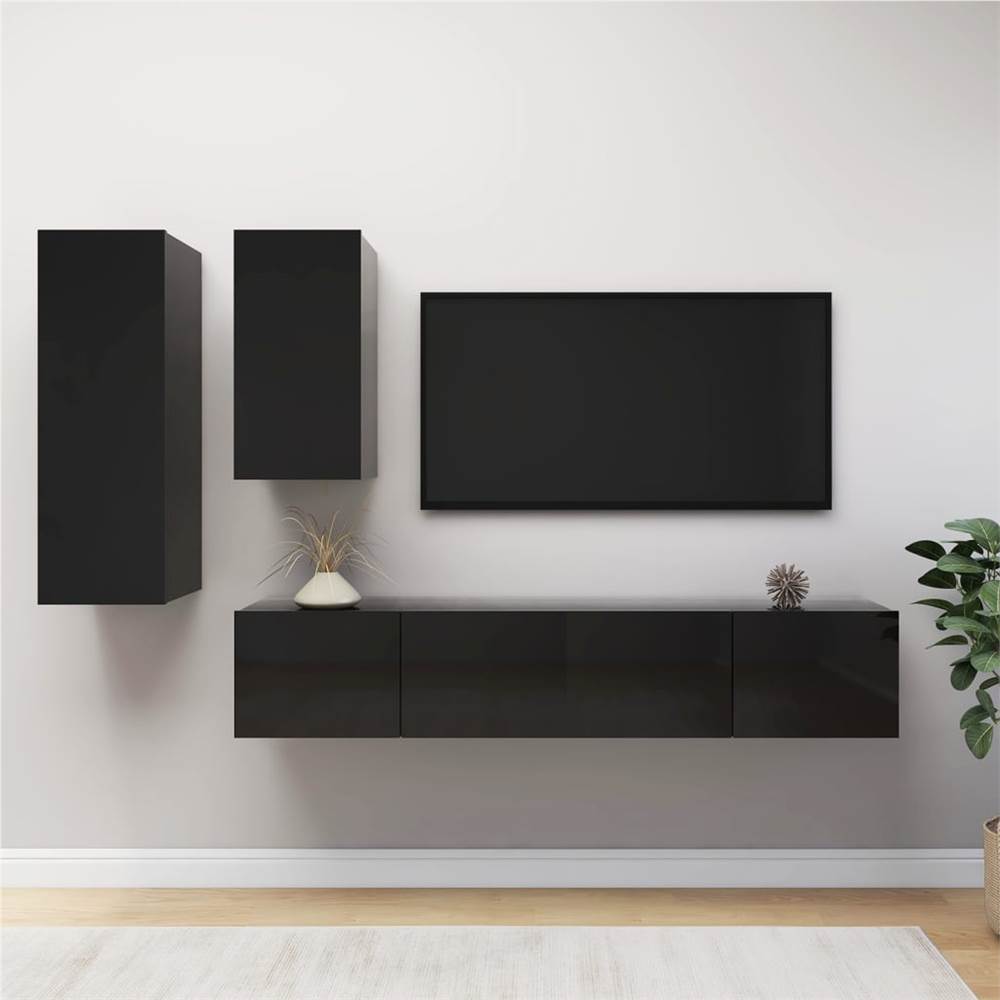 

4 Piece TV Cabinet Set High Gloss Black Chipboard