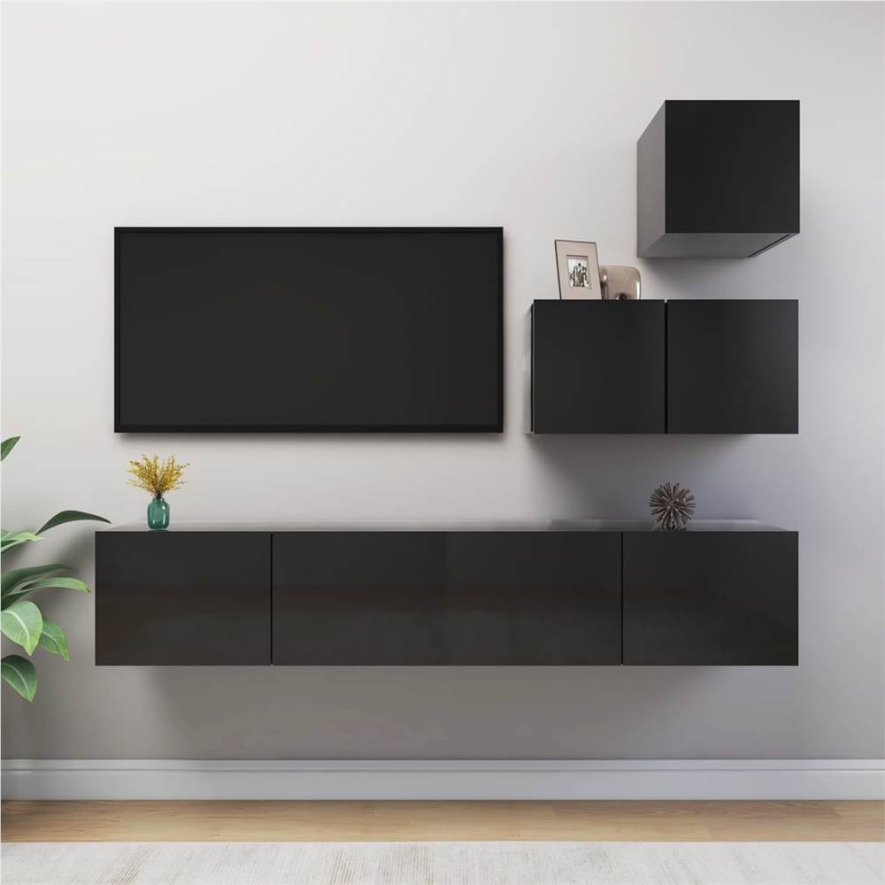 

4 Piece TV Cabinet Set High Gloss Black Chipboard