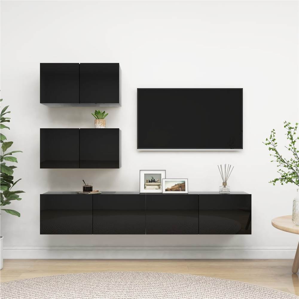 

4 Piece TV Cabinet Set High Gloss Black Chipboard