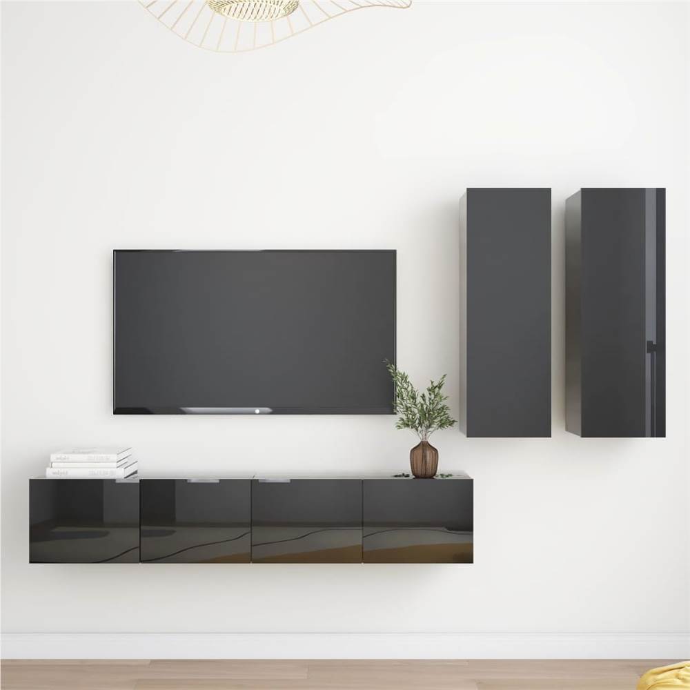 

4 Piece TV Cabinet Set High Gloss Black Chipboard