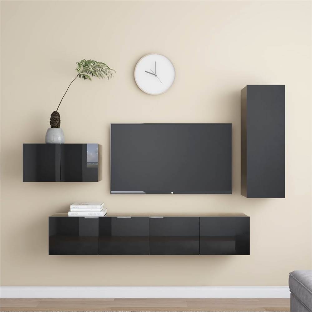 

4 Piece TV Cabinet Set High Gloss Black Chipboard