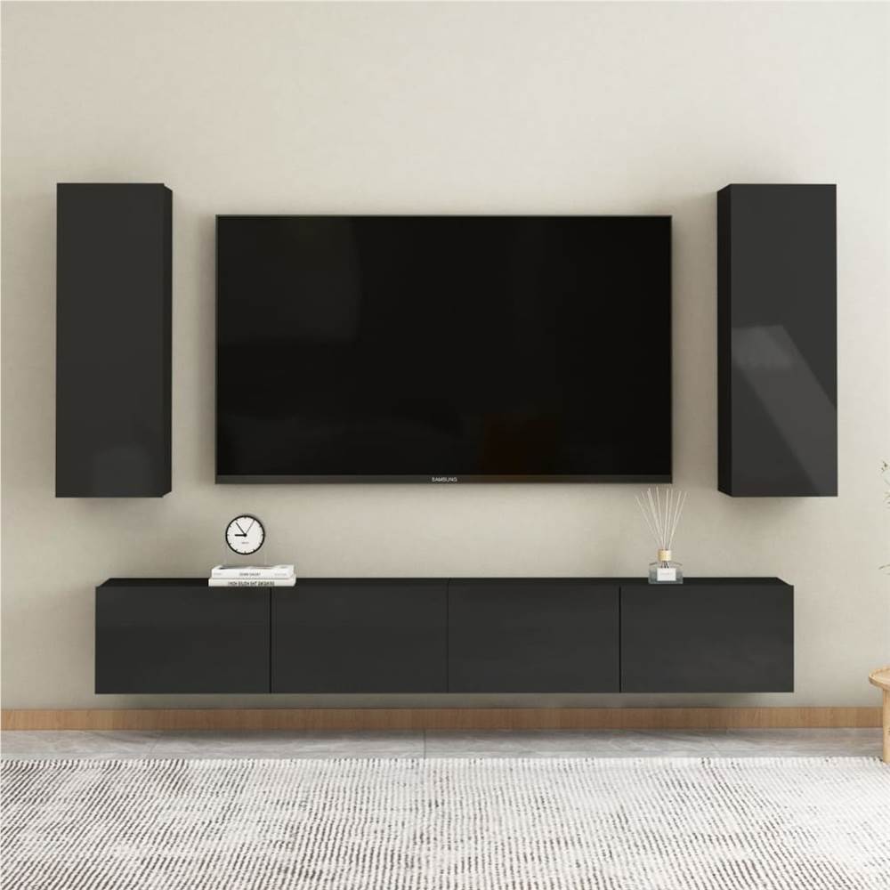 

4 Piece TV Cabinet Set High Gloss Black Chipboard
