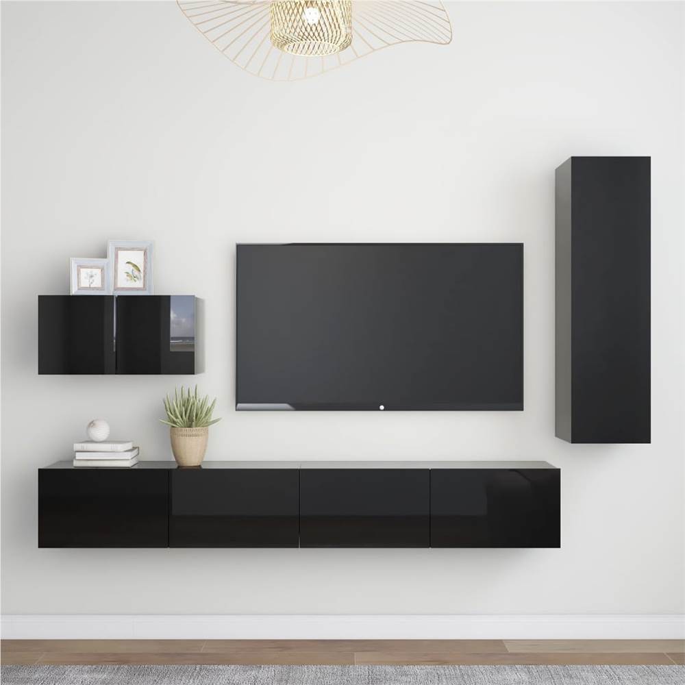 

4 Piece TV Cabinet Set High Gloss Black Chipboard