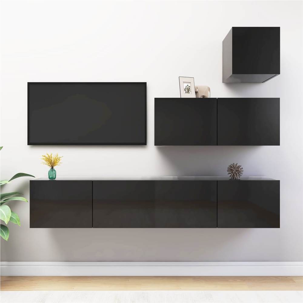 

4 Piece TV Cabinet Set High Gloss Black Chipboard