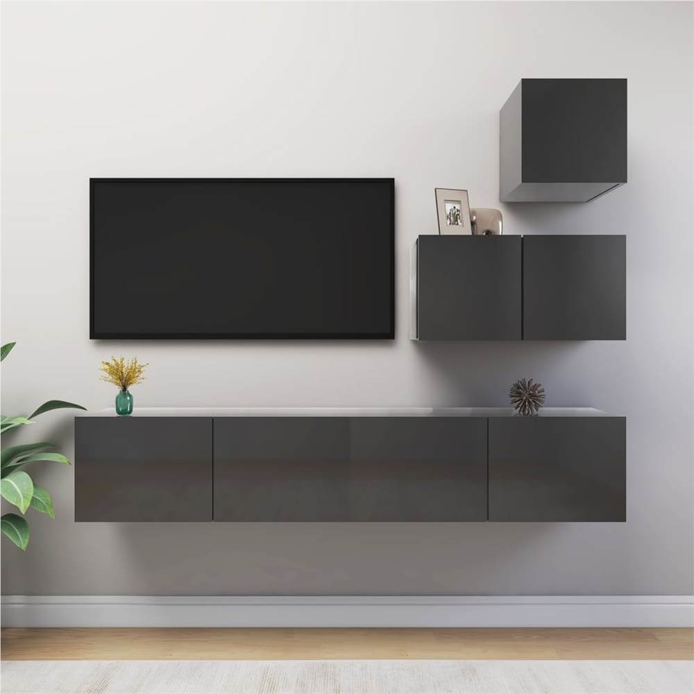 

4 Piece TV Cabinet Set High Gloss Grey Chipboard